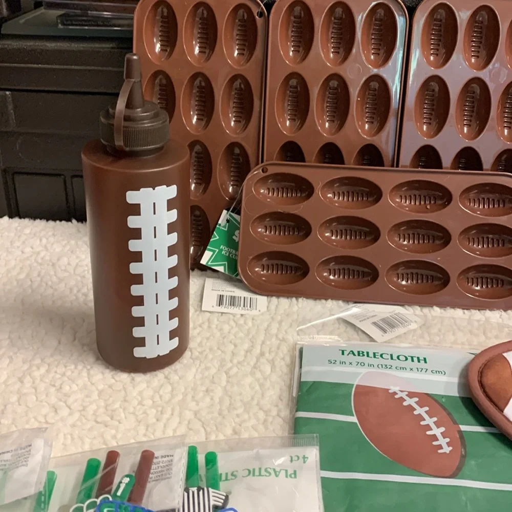 Football Party 40 pc Set Tablecloth Straws Coasters Coozie Ice Trays Cups & More